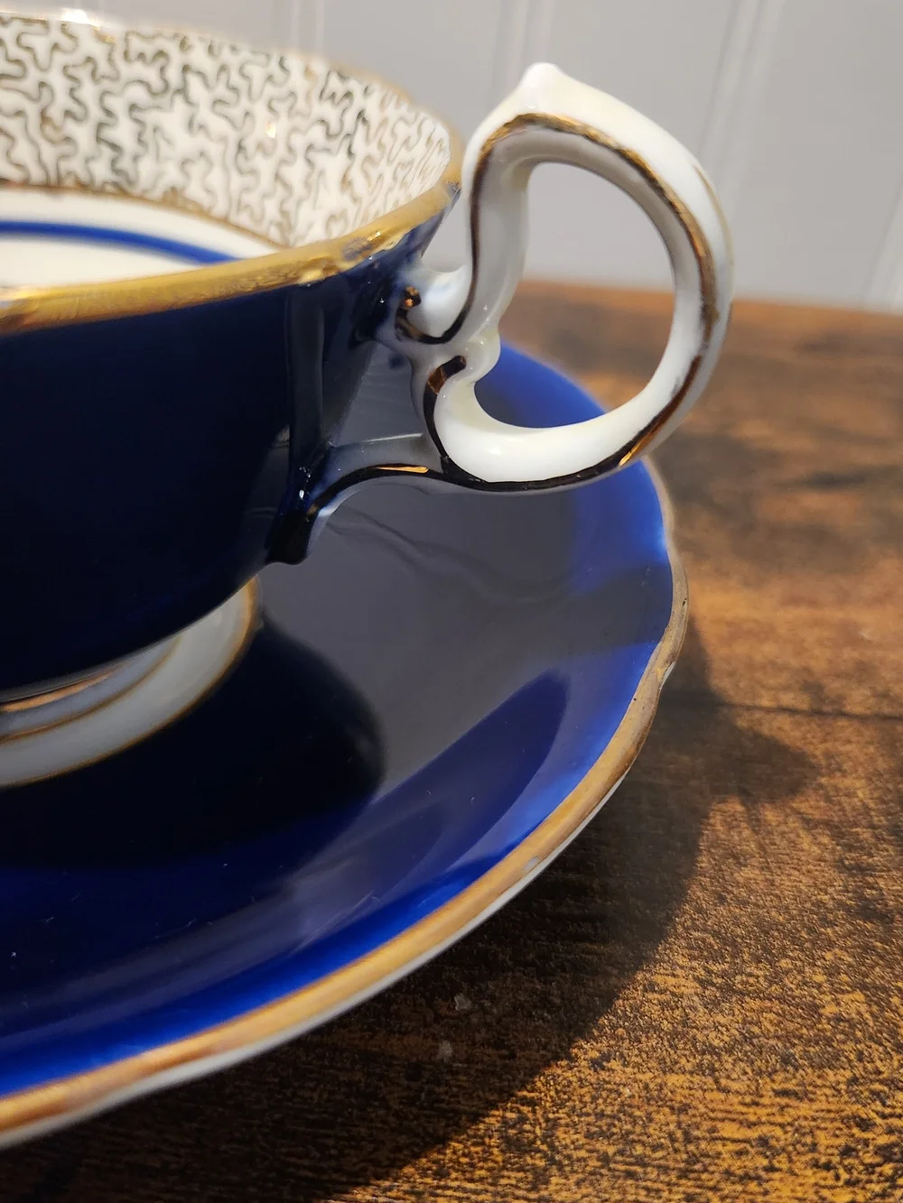 Vintage Aynsley England Bone China Cobalt Blue Gold Filigree Floral Cup & Saucer